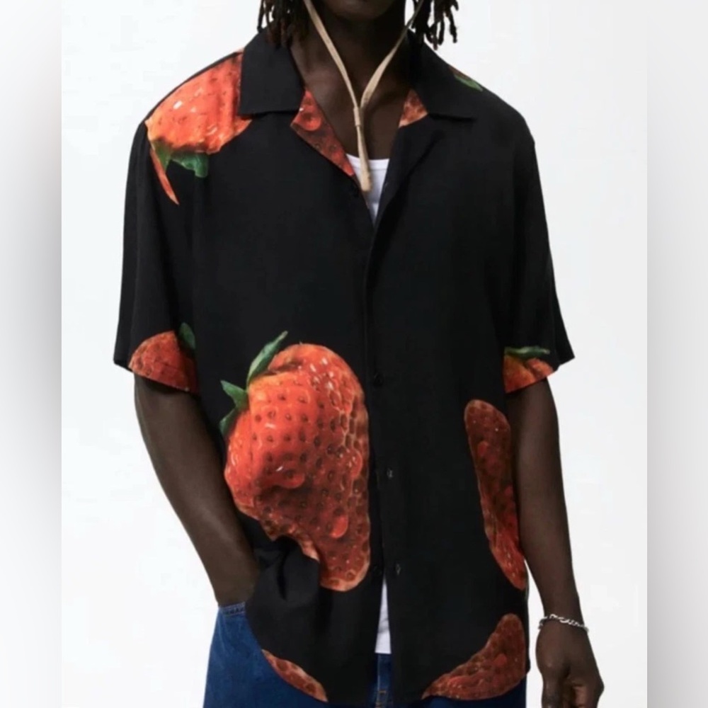 Zara Mens Strawberry Print Short Sleeve Black Shirt  NWT